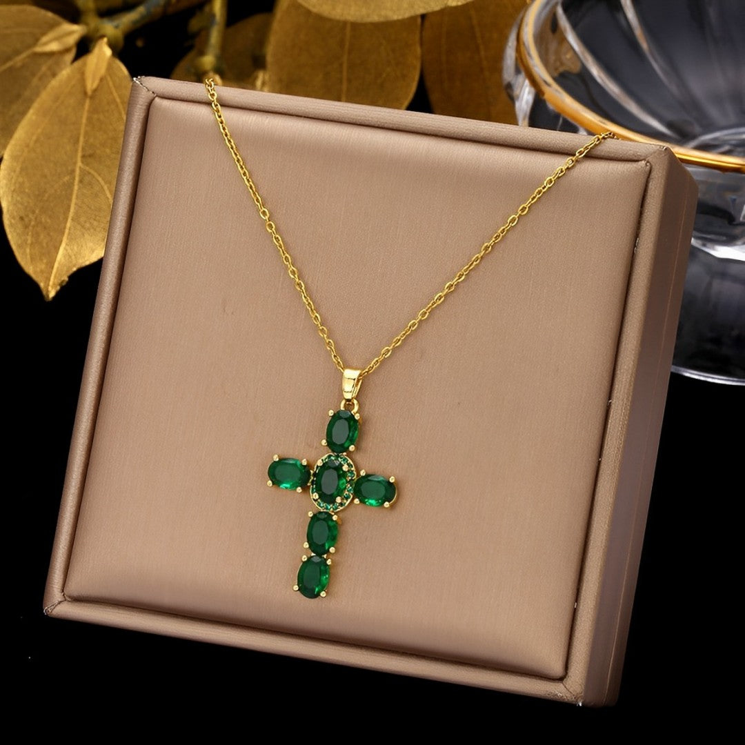 Collier Croix Vert Emeraude